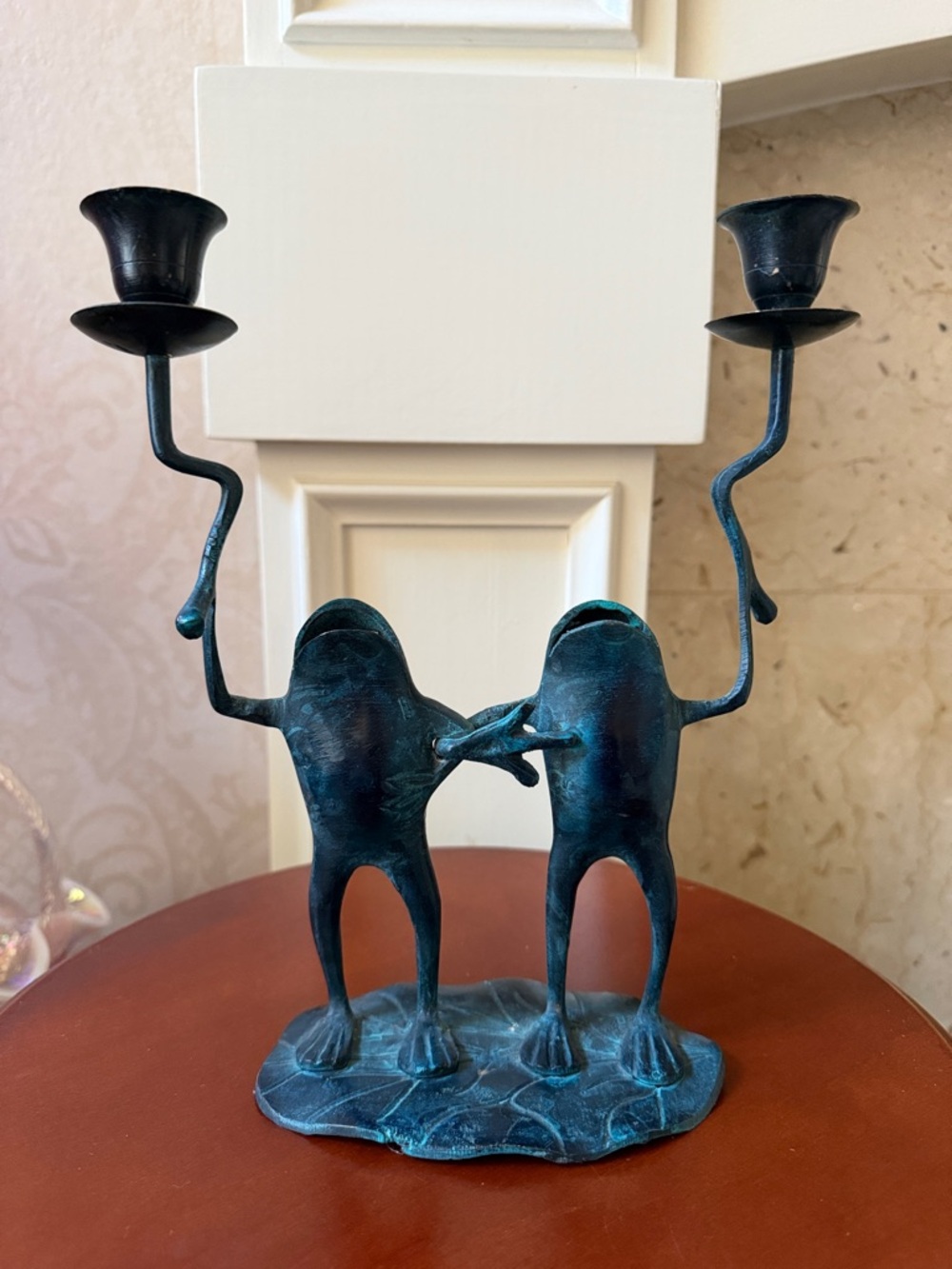 Whimsical Frog Double Candlestick Holder in Verdigris Green